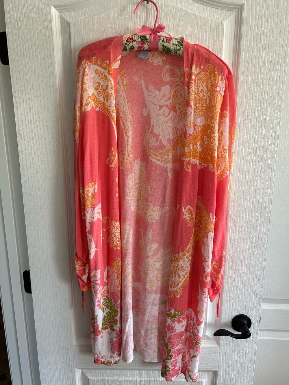 Chico's Coral Pink & Yellow Printed Open-Front Cardigan